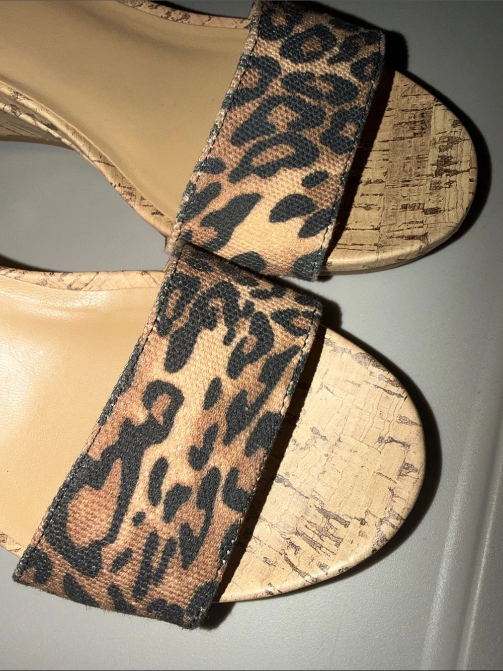Naturalizer Leopard Print Cork Wedge Sandals with Black Ankle Strap